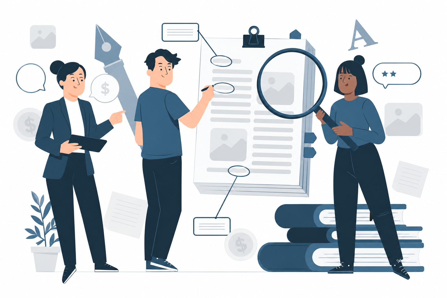 Publishing experts reviewing a manuscript
